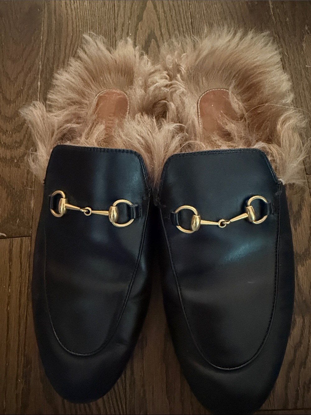 Gucci Princeton Black Leather Fur-Lined Horsebit Mules